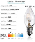 Image displaying product parameters of Ultimate 15 Watt Salt Lamp Replacement Bulbs 8 Pack For Himalayan Salt Lamps with E12 Socket C7 Base Warm White