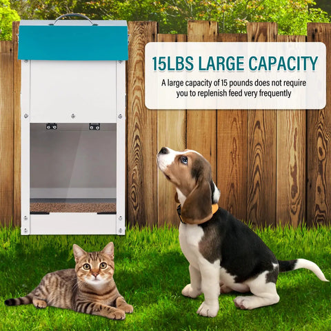 Heavy Duty Automatic Dog Feeder With Transparent Gravity Door And Fifteen Pound Capacity Built For Rugged Outdoor Use Ensuring Your Furry Pal Gets Fresh Chow On The Regular, with a beagle and a cat in the grass.