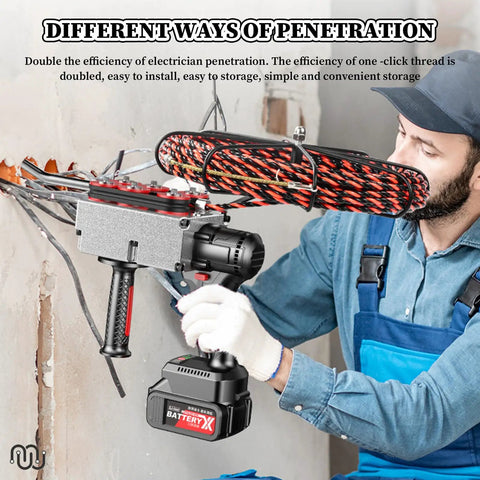 Boss Level Cordless Wall Threading Rig For Smooth Cable Pulling With Long Reach Guide Wire And Relentless Battery Pack in use by electrician.