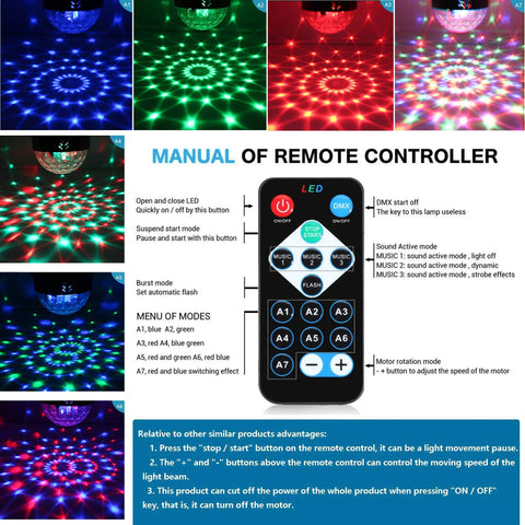 Disco Ball Party Lights With Remote, Sound Activated DJ Stage Strobe, 7 Color LED Lighting In Red Green Blue, manual instructions