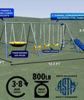 Backyard Metal Swing Set With 5 Foot Wave Slide Two Swings Two Person Glider And Two Person Saucer Swing Standing Swing Outdoor Playset With Anchors For Up To Eight Kids 6 Year Warranty And Sturdy 6.1 Foot Tall displayed with dimensions and features.