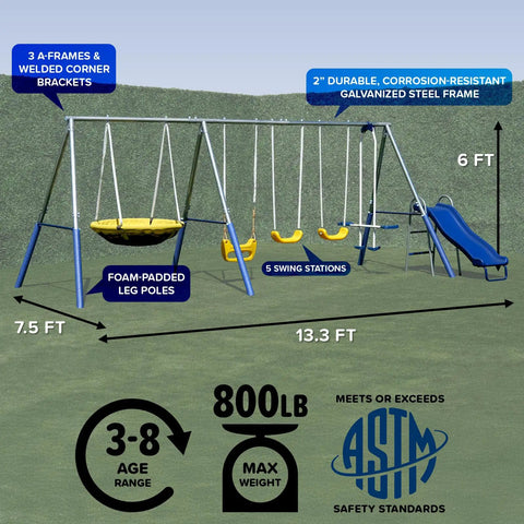 Backyard Metal Swing Set With 5 Foot Wave Slide Two Swings Two Person Glider And Two Person Saucer Swing Standing Swing Outdoor Playset With Anchors For Up To Eight Kids 6 Year Warranty And Sturdy 6.1 Foot Tall displayed with dimensions and features.