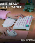Top Tier Wireless Mechanical Gaming Keyboard Hot Swappable Linear Switches Ridiculously Smooth Pbt Keycaps Serving Insane 8 Khz Polling Speeds For Elite Play In White on desk with gaming mouse.