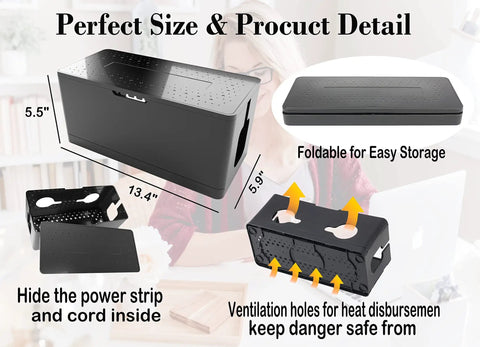 2 Pack Foldable Cable Management Boxes For Big Wires, 13.5 X 6 X 5.5 Inches, ABS Safe Plastic, vent holes for heat dissipation