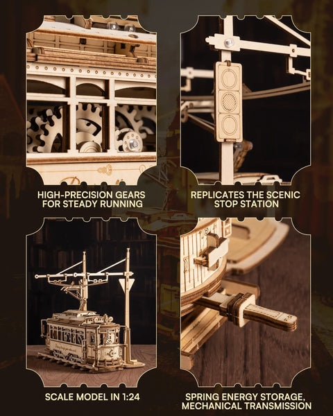 3D Wooden Puzzle Kit for Adults, Mechanical Tram Model 1:24 Scale, Car Model Replica, Intricate Gear System, Build Time About 5 Hours, Wood Building Craft, Unique Gift for Puzzle Fans and Hobbyists, wooden tram detail