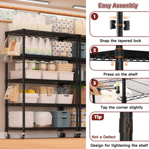 Beefy 5-Tier Wire Shelving With Wheels, 36 Inch Wide 16 Inch Deep 79 Inch Tall Steel Storage Rack in pantry with supplies