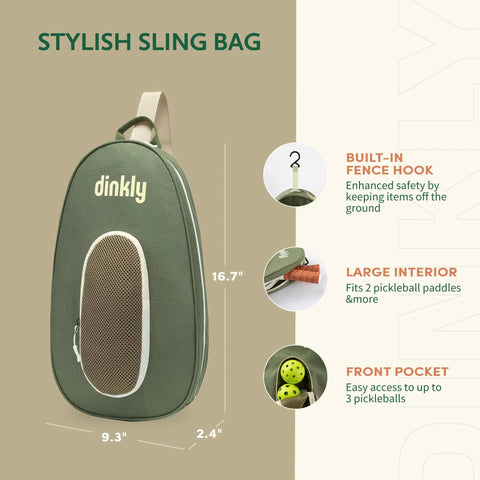 Green sling bag for beginner friendly pickleball paddle set with two graphite fiberglass rackets USAPA approved, 16.7 inches tall.