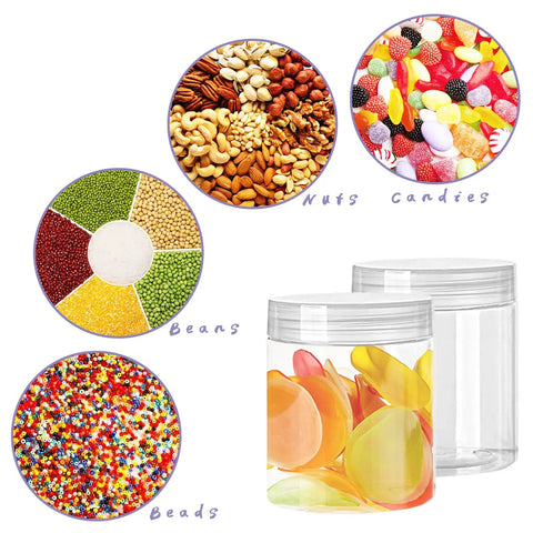 20 Pack 4oz Clear Plastic Jars With Lids Wide Mouth Refillable Storage Containers with nuts, candies, beans, and beads
