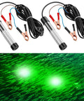 Two Pack 12V 10W Green Underwater Fishing Light Submersible LED Lure Attracting Lamp with cords and glowing in water