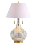 Front view of Mercury Silver And Gold Two Light Gourd Glass LED Table Lamp With White Linen Shade For Living Room Contemporary Glass Accent Lighting