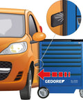 Solid As A Rock Seven Drawer Tool Trolley Made In Germany with orange car showing detail and side panel features.
