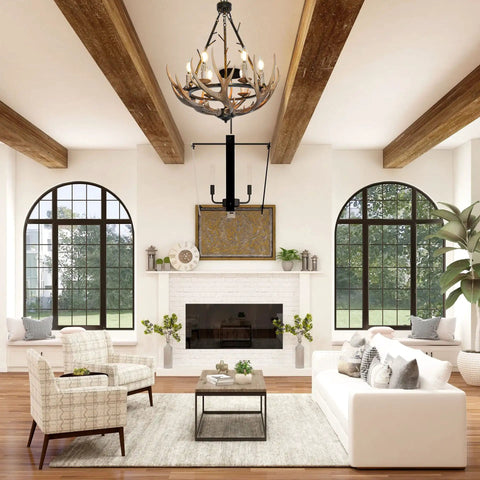 Warm White Flame Tip Chandelier LED Bulbs 4W E12 Base 40W Equivalent 400 Lumens in elegant living room with rustic decor