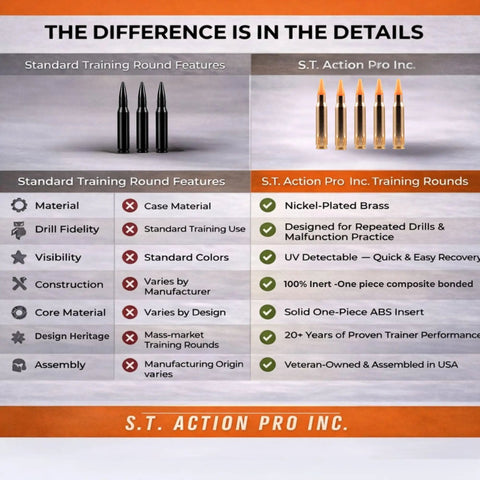 Comparison of standard vs. Orange Safety Trainer Dummy Rounds For Dry Fire Practice Ammunition 308 Cal Brass Cased Reusable 5 Pack.
