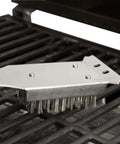 16.5-Inch Long Handle Stainless Steel Grill Cleaner Brush and Scraper for BBQ Griddle, shown cleaning barbecue grill grates.
