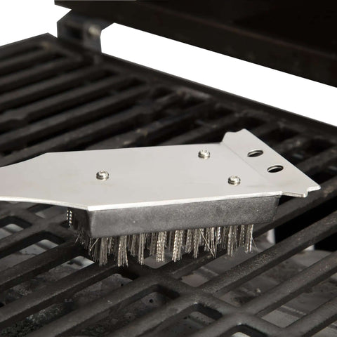 16.5-Inch Long Handle Stainless Steel Grill Cleaner Brush and Scraper for BBQ Griddle, shown cleaning barbecue grill grates.