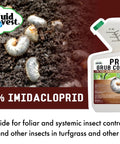 Grub Control 32oz Concentrated Imidacloprid Insecticide for trees, shrubs, lawn shown with healthy yard ornamentals and grubs.