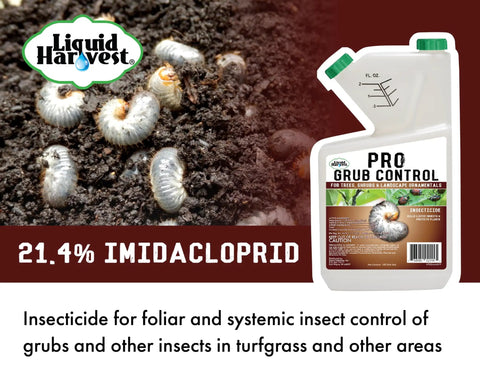 Grub Control 32oz Concentrated Imidacloprid Insecticide for trees, shrubs, lawn shown with healthy yard ornamentals and grubs.