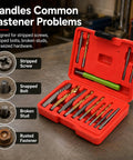 Heavy Duty Screw Extractor And Left Hand Drill Bits Set, Cobalt Tool Steel broken bolt removers in red case with various bits.
