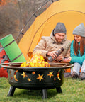 32 Inch Round Fire Pit With Mesh Cover And Fire Poker Star And Moon Design Wood Burning Outdoor Firepit For Patio Backyard Garden Bonfire Parties