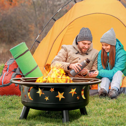 32 Inch Round Fire Pit With Mesh Cover And Fire Poker Star And Moon Design Wood Burning Outdoor Firepit For Patio Backyard Garden Bonfire Parties