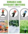 Adjustable misting nozzles and drip emitters of 394 Ft Drip Irrigation Kit for Garden and Lawn with 1/2 inch hose and tubing