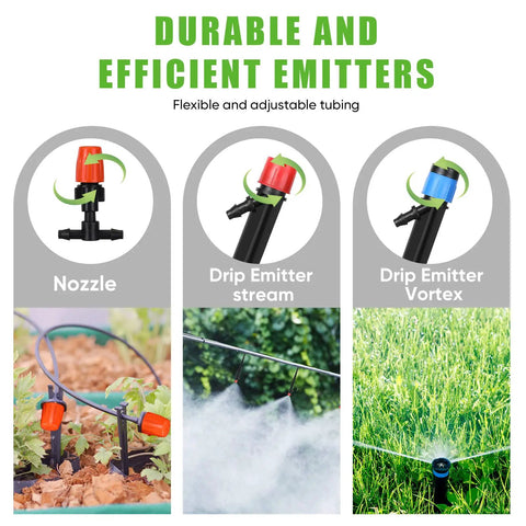 Adjustable misting nozzles and drip emitters of 394 Ft Drip Irrigation Kit for Garden and Lawn with 1/2 inch hose and tubing