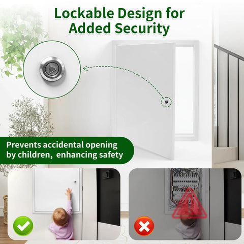 No Fuss 22X30 Drywall Access Panel With Heavy Duty Lock showing lockable design for safety, preventing accidental opening by children.