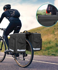Cyclist using 50L Expandable Rear Rack Bike Bag with Rain Cover and Pockets, Water Resistant Saddle Panniers for Commuting Black