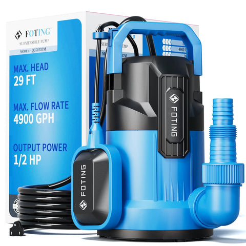 Half Horsepower Sump Pump With 4900 GPH High Flow Submersible Utility Pump For Clean And Dirty Water Float Switch shown with box