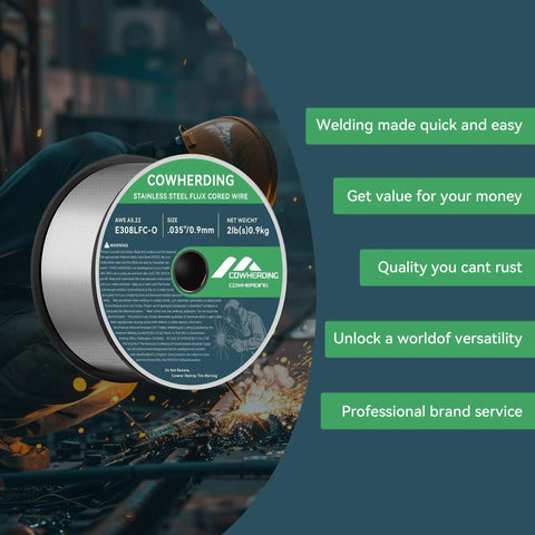 No Gas Shielding Flux Cored 0.035 Inch Stainless Steel MIG Wire E308LFC-O, 2 Lb Spool, with welding scene and text overlay