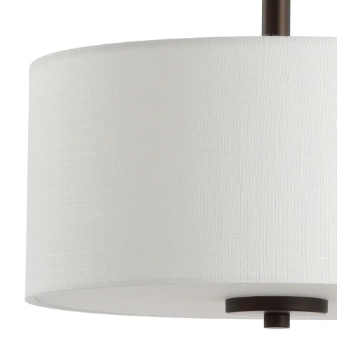 Close-up of Oil Rubbed Bronze Marc LED Semi Flush Mount Ceiling Light With White Linen Drum Shade 15 Inch Transitional Fixture
