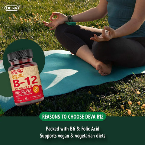 High Potency Vegan B12 Tablets With Folic Acid and B6 For Steady Energy And Brain Boost Fast Dissolving Tabs in outdoor yoga scene.