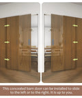 Slick Concealed Sliding Barn Door With Hella Soft Close Hardware Kit And Invisible Rail System For Badass Smooth Gliding Action Heavy Brown Wood Slab Solid Aluminum Frame For Tight Spaces, shown sliding left and right.