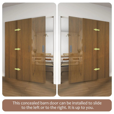Slick Concealed Sliding Barn Door With Hella Soft Close Hardware Kit And Invisible Rail System For Badass Smooth Gliding Action Heavy Brown Wood Slab Solid Aluminum Frame For Tight Spaces, shown sliding left and right.