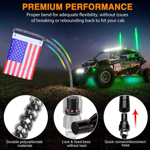 2 Pack 3Ft Spiral RGB LED Whip Lights With RF Remote on dune buggy, night scene with glowing lights and American flag