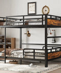 Full-over-full bunk bed in black metal with wood panel accents; front view shows guardrails and ladder.