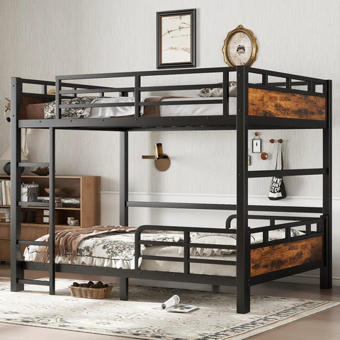 Full-over-full bunk bed in black metal with wood panel accents; front view shows guardrails and ladder.