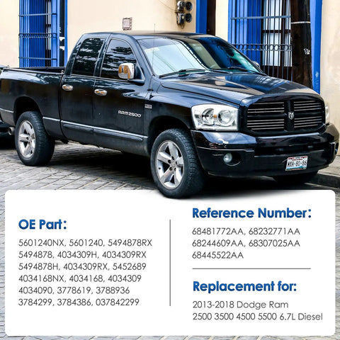 Black 2013-2018 Dodge Ram 2500 Diesel truck parked, compatible with Heavy Duty Turbo Actuator For 6 7L Dodge Ram 2500 3500 4500 5500 2013 Through 2018 Holset HE300VG HE351VE Replaces Turbocharger Actuator With Calibrate Kit