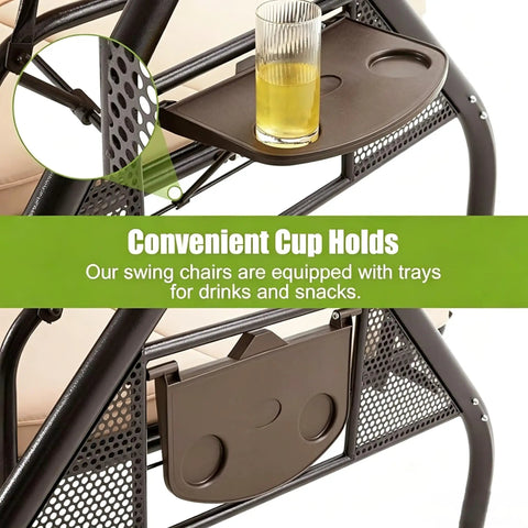 All Weather Outdoor Porch Swing With Stand And Adjustable Canopy Converts To Bed 2 In 1 Convertible Patio Swing With Deep Cup Holder