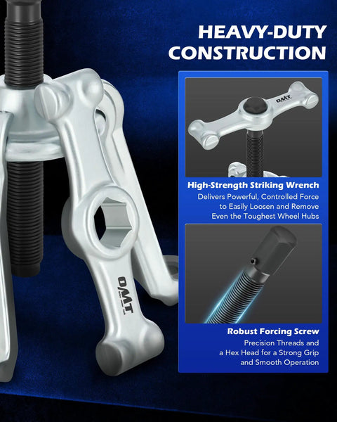 Universal Hub Puller Tool with Adjustable Legs for 7.6 Inch Bolt Circle, heavy-duty steel design with striking wrench and screw.