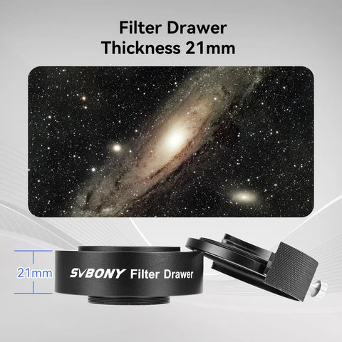 Deep Sky Telescope Filter Drawer With Double Magnetic Filter Holder For 1.25 Inch And 2 Inch Filters Includes M42-M48 Adapter, shown with galaxy background and 21mm thickness label.