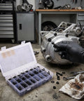 Badass Metric Socket Head Cap Screw Assortment Kit Built From Tough Carbon Steel With Hex Drives And Anti Vibration Black Coating in a garage.