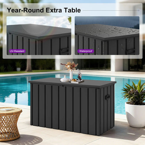 Outdoor Deck Box 120 Gallon Waterproof Lockable Storage Container with Lid for Patio Cushions, shown on poolside patio