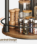Close-up of 2 Tier Lazy Susan Spice Rack Set with Smooth 360 Degree Spin Rotating Spice Organizer, showing rustic brown finish.