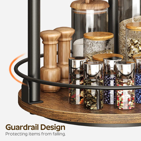 Close-up of 2 Tier Lazy Susan Spice Rack Set with Smooth 360 Degree Spin Rotating Spice Organizer, showing rustic brown finish.