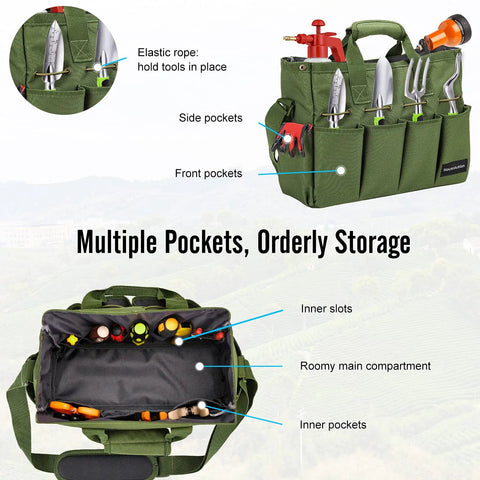 Heavy Duty 900D Garden Tote Bag With Standable Base showing multiple pockets, tools, and shoulder strap with standable base feature.