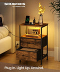 Solid Industrial Nightstand With Fast Charge Hub And Smart Led Dimmer Two Deep Drawers Plus Open Shelf Rustic Brown Black Frame beside bed.