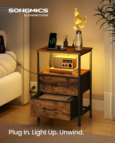 Solid Industrial Nightstand With Fast Charge Hub And Smart Led Dimmer Two Deep Drawers Plus Open Shelf Rustic Brown Black Frame beside bed.