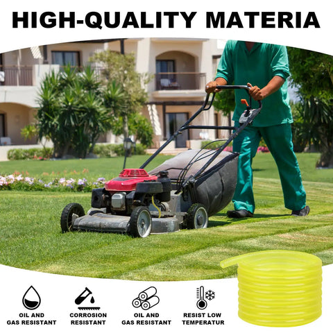 Person mowing lawn with focus on 10 Ft Fuel Line Hose Kit With One Quarter Inch ID And Three Eighth Inch OD Includes 12 Hose Clamps