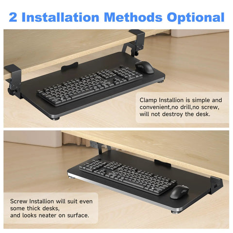 Install method for the under desk keyboard tray with heavy duty c clamp extra large 30 inch total length 25.6 by 11.8 inch slide out keyboard and mouse drawer black go to space saver for ergonomic setup and smooth glide.